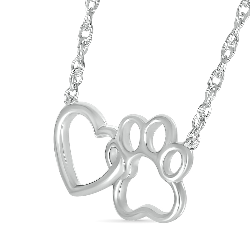 Main Image 2 of Interlocking Heart and Paw Print Outline Necklace in 10K White Gold - 17.5"