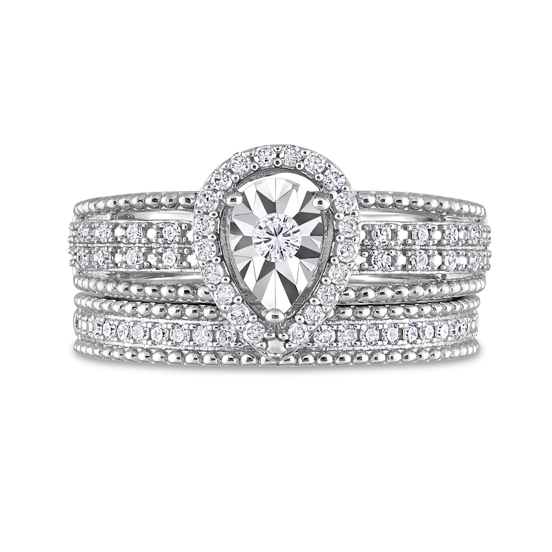 0.33 CT. T.W. Diamond Pear-Shaped Frame Beaded Multi-Row Bridal Set in Sterling Silver