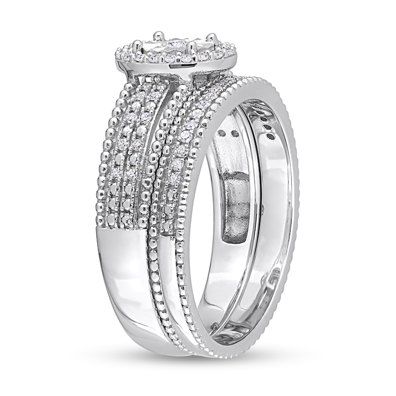 Main Image 3 of 0.32 CT. T.W. Diamond Oval Frame Beaded Multi-Row Bridal Set in Sterling Silver