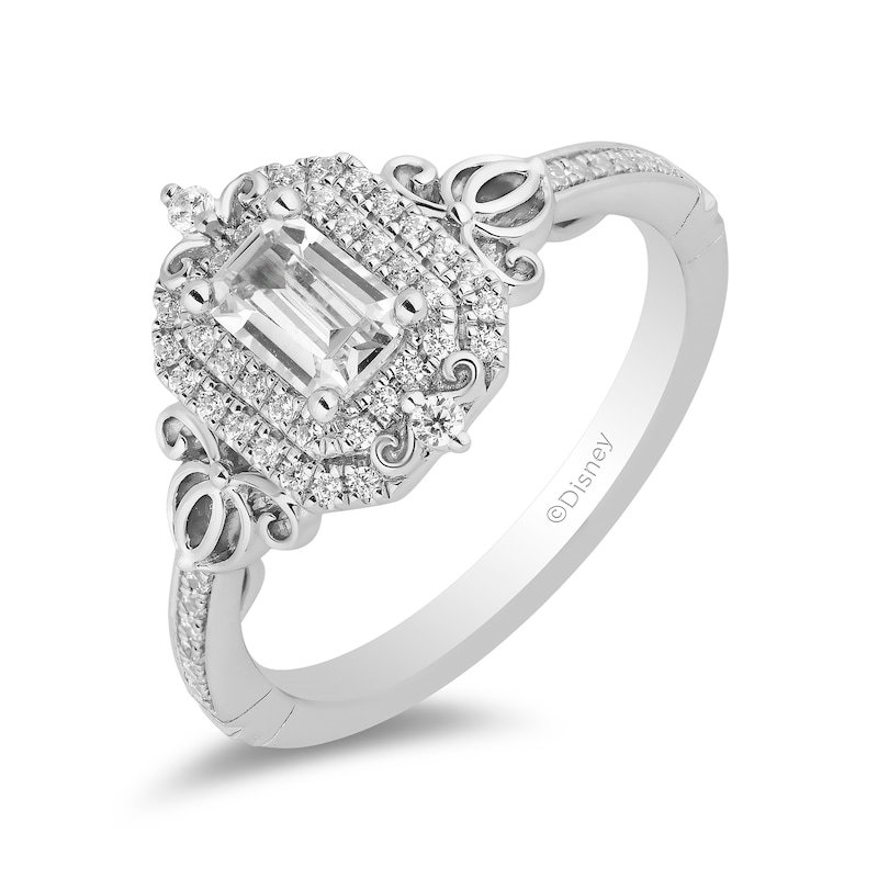 Enchanted Disney Cinderella 0.69 CT. T.W. Emerald-Cut Diamond Double Frame Carriage Engagement Ring in 14K White Gold|Peoples Jewellers