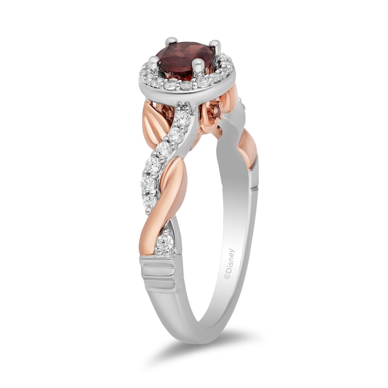 Enchanted Disney Snow White 5.0mm Garnet and 0.29 CT. T.W. Diamond Twist Shank Engagement Ring in 14K Two-Tone Gold