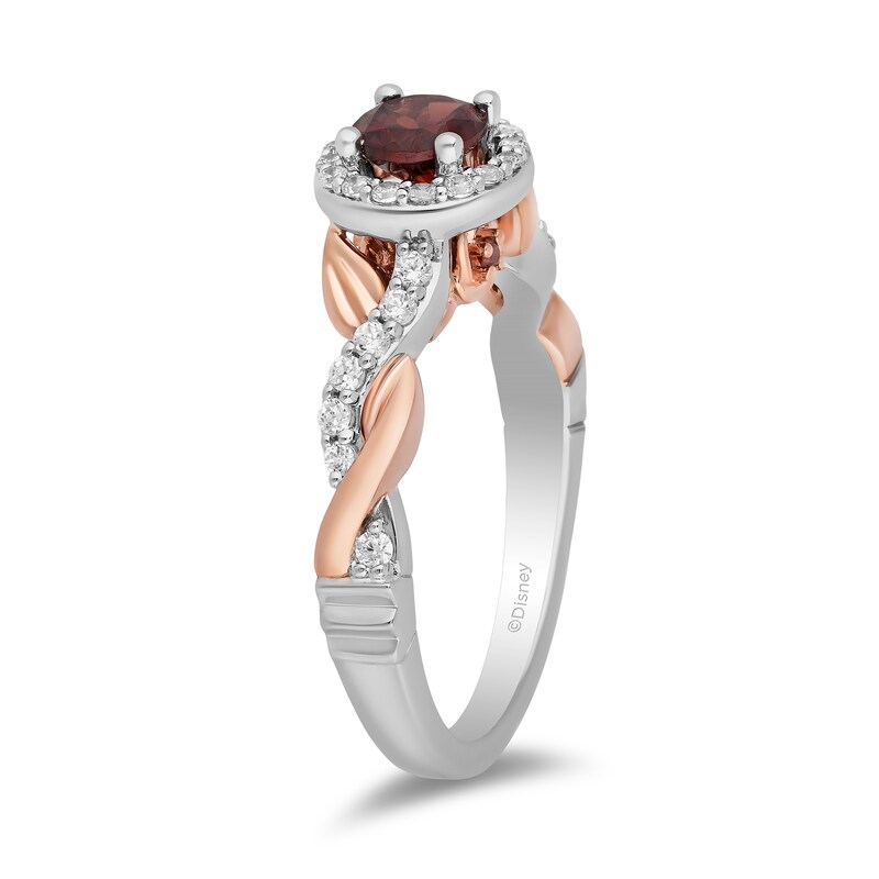 Enchanted Disney Snow White 5.0mm Garnet and 0.29 CT. T.W. Diamond Twist Shank Engagement Ring in 14K Two-Tone Gold