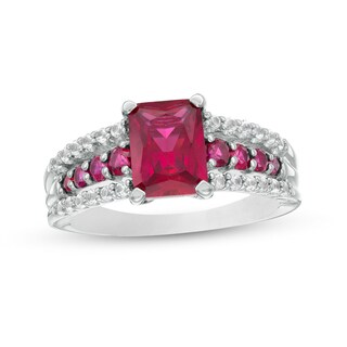 Emerald-Cut Lab-Created Ruby and White Lab-Created Sapphire Triple Row Ring in Sterling Silver