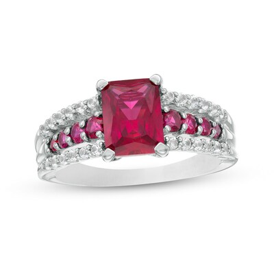 Emerald-Cut Lab-Created Ruby and White Lab-Created Sapphire Triple Row Ring in Sterling Silver