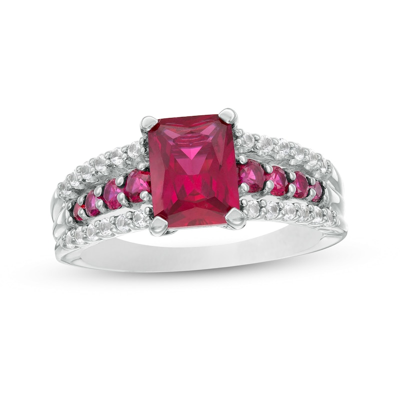 Emerald-Cut Lab-Created Ruby and White Lab-Created Sapphire Triple Row Ring in Sterling Silver