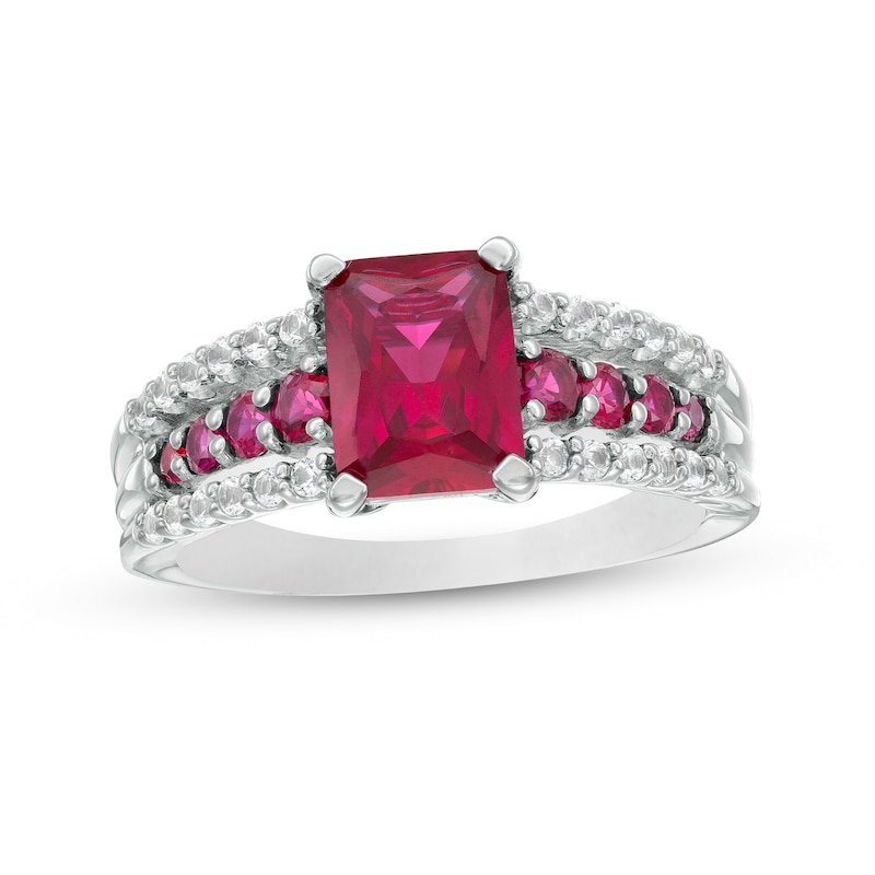 Emerald-Cut Lab-Created Ruby and White Lab-Created Sapphire Triple Row Ring in Sterling Silver|Peoples Jewellers