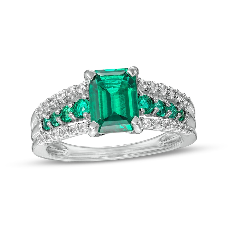 Emerald-Cut Lab-Created Emerald and White Lab-Created Sapphire Triple Row Ring in Sterling Silver|Peoples Jewellers