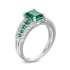 Emerald-Cut Lab-Created Emerald and White Lab-Created Sapphire Triple Row Ring in Sterling Silver