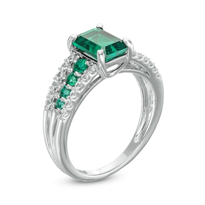 Emerald-Cut Lab-Created Emerald and White Lab-Created Sapphire Triple Row Ring in Sterling Silver