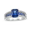 Thumbnail Image 1 of Emerald-Cut Blue and White Lab-Created Sapphire Triple Row Ring in Sterling Silver