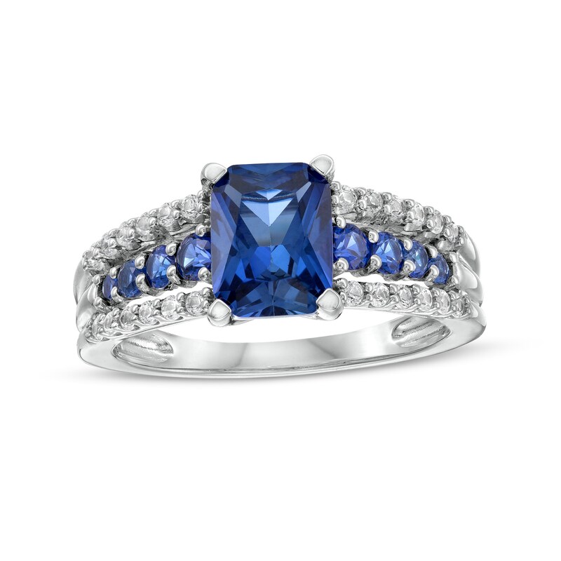 Emerald-Cut Blue and White Lab-Created Sapphire Triple Row Ring in Sterling Silver