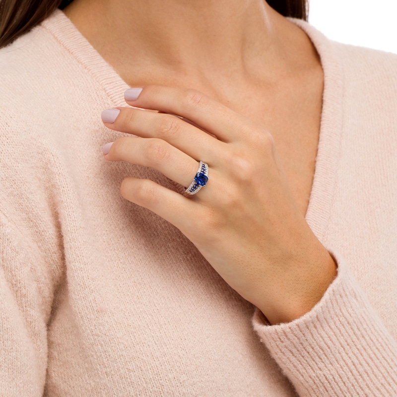 Main Image 2 of Emerald-Cut Blue and White Lab-Created Sapphire Triple Row Ring in Sterling Silver