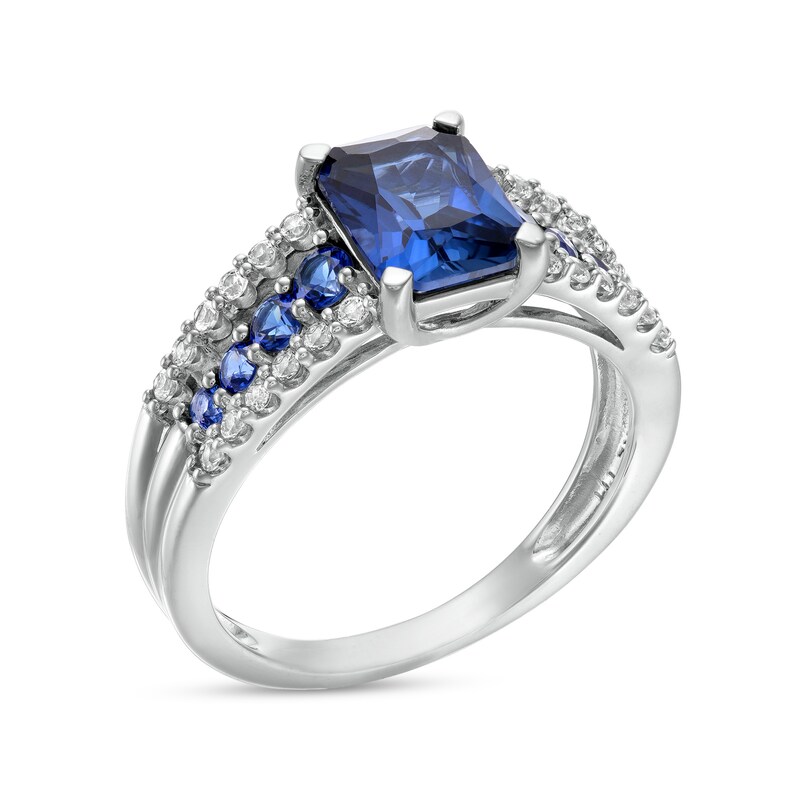 Main Image 3 of Emerald-Cut Blue and White Lab-Created Sapphire Triple Row Ring in Sterling Silver