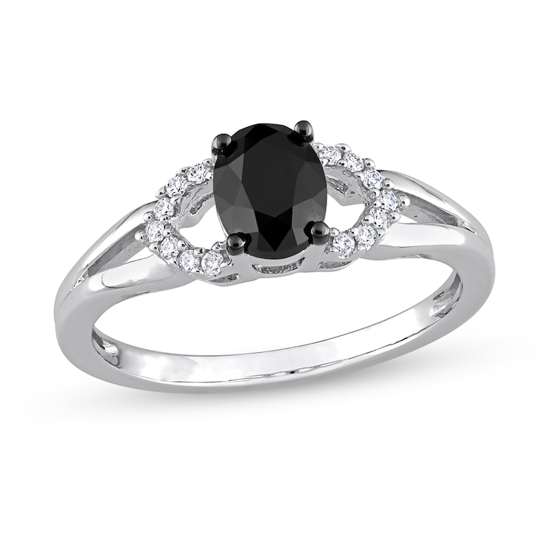 1.02 CT. T.W. Oval Black Enhanced and White Diamond Split Shank Engagement Ring in 14K White Gold