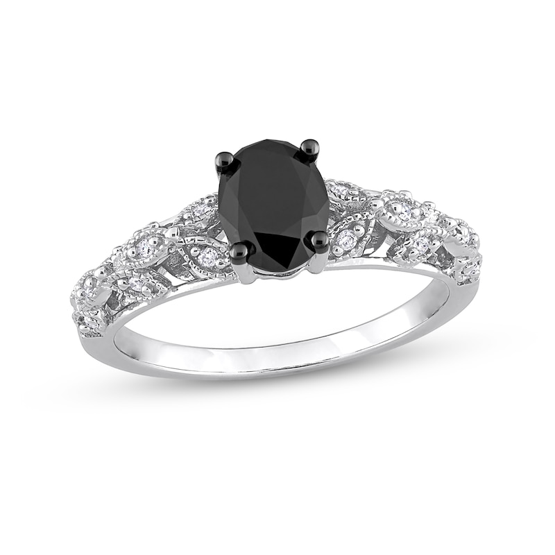 1.03 CT. T.W. Oval Black Enhanced and White Diamond Vine Shank Engagement Ring in 14K White Gold|Peoples Jewellers