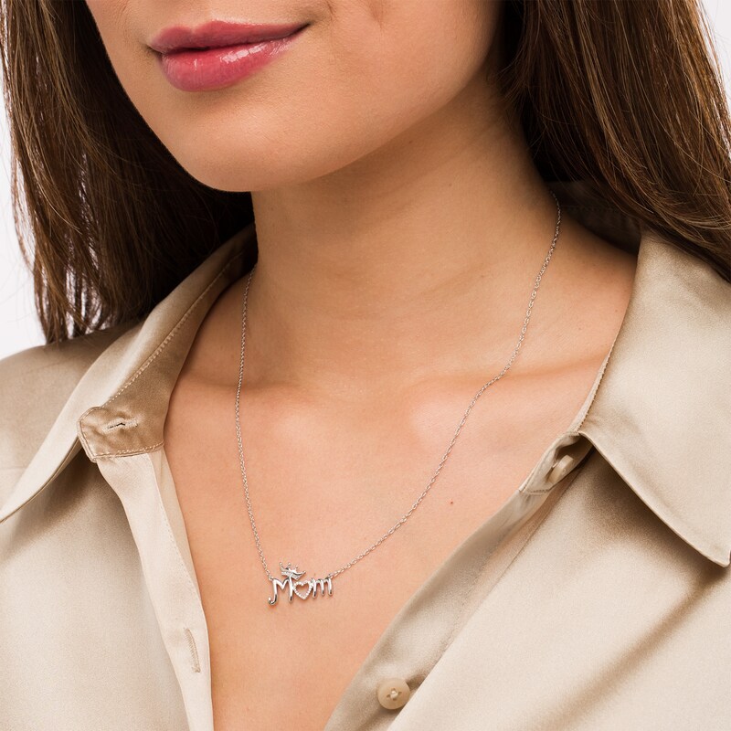 Main Image 2 of 0.04 CT. T.W. Diamond Crowned "Mom" with Heart Necklace in Sterling Silver