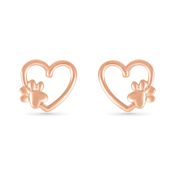 Heart-Shaped Paw Print Loop Heart Stud Earrings in 10K Rose Gold