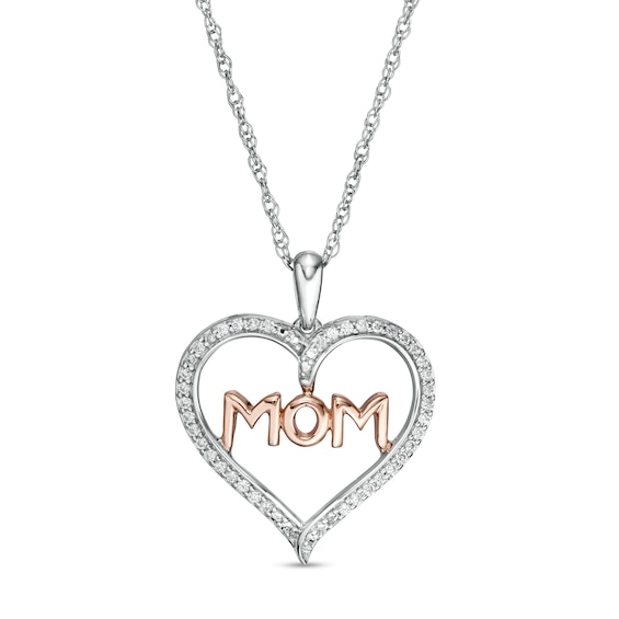 0.18 CT. T.W. Diamond "MOM" in Heart Pendant in Sterling Silver and 10K Rose Gold