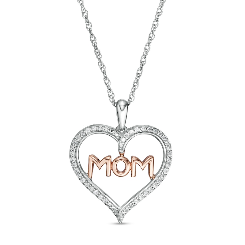 0.18 CT. T.W. Diamond "MOM" in Heart Pendant in Sterling Silver and 10K Rose Gold