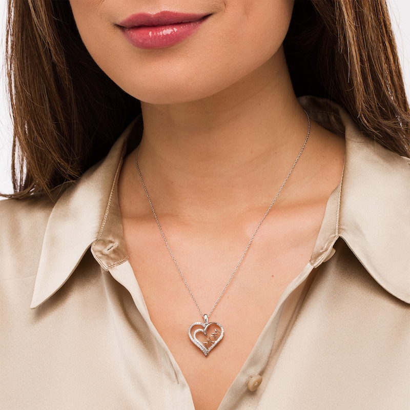 0.18 CT. T.W. Diamond Double Row Heart "MOM" Pendant in Sterling Silver with 10K Rose Gold