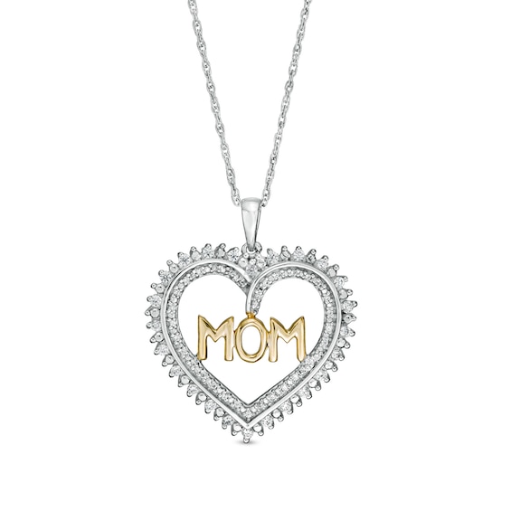 0.23 CT. T.W. Diamond "MOM" Heart Sunburst Double Row Pendant in Sterling Silver and 10K Gold