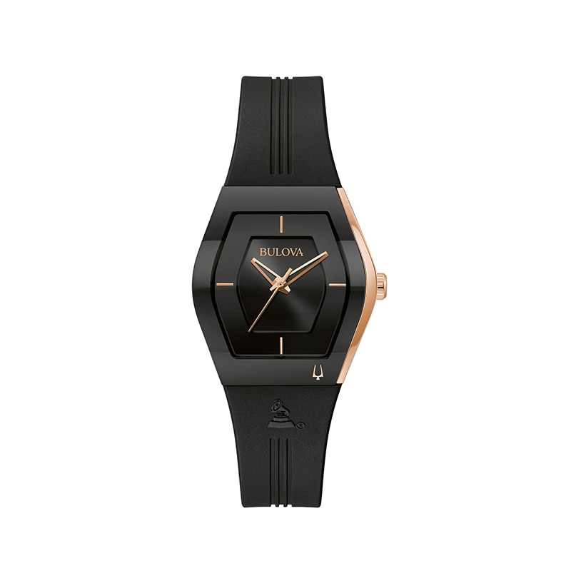 Ladies' Special Edition Bulova Modern Latin GRAMMY® Gemini Two-Tone Strap Watch with Tonneau Black Dial (Model: 97L163)