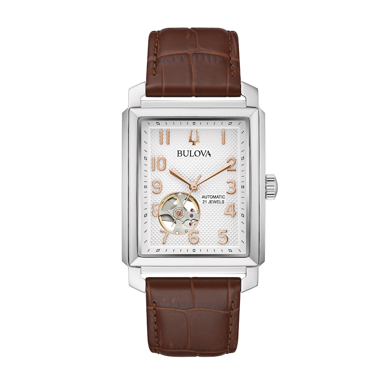 Men's Bulova Sutton Automatic Strap Watch with Rectangular Silver-Tone Skeleton Dial (Model: 96A268)|Peoples Jewellers