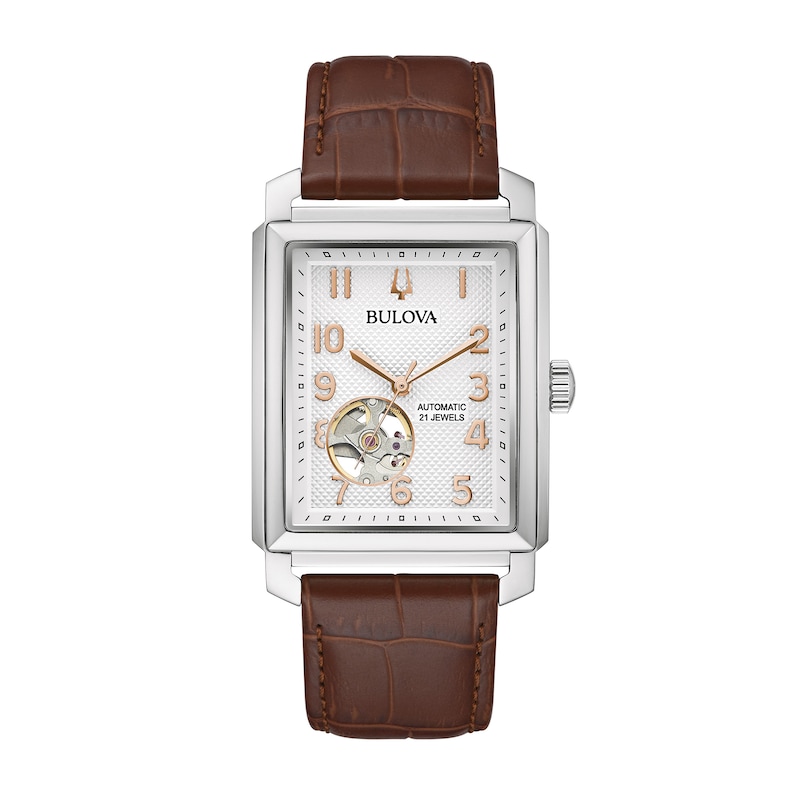 Men's Bulova Sutton Automatic Strap Watch with Rectangular Silver-Tone Skeleton Dial (Model: 96A268)|Peoples Jewellers