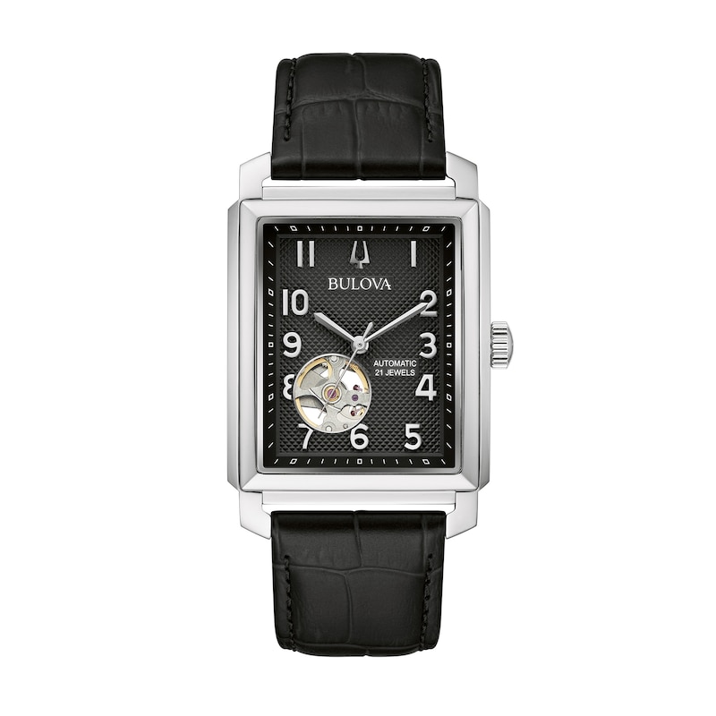 Men's Bulova Sutton Automatic Strap Watch with Rectangular Black Skeleton Dial (Model: 96A269)|Peoples Jewellers