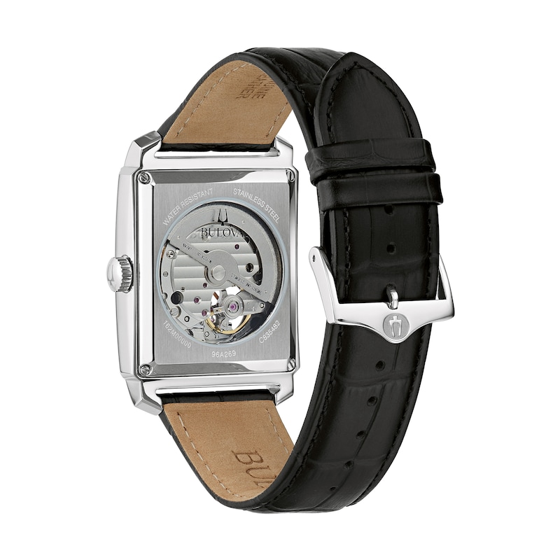 Men's Bulova Sutton Automatic Strap Watch with Rectangular Black Skeleton Dial (Model: 96A269)|Peoples Jewellers