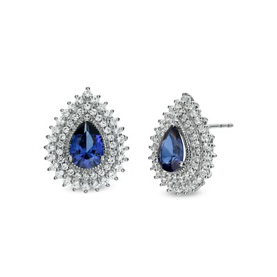 Pear-Shaped Blue and White Lab-Created Sapphire Teardrop Frame Stud Earrings in Sterling Silver