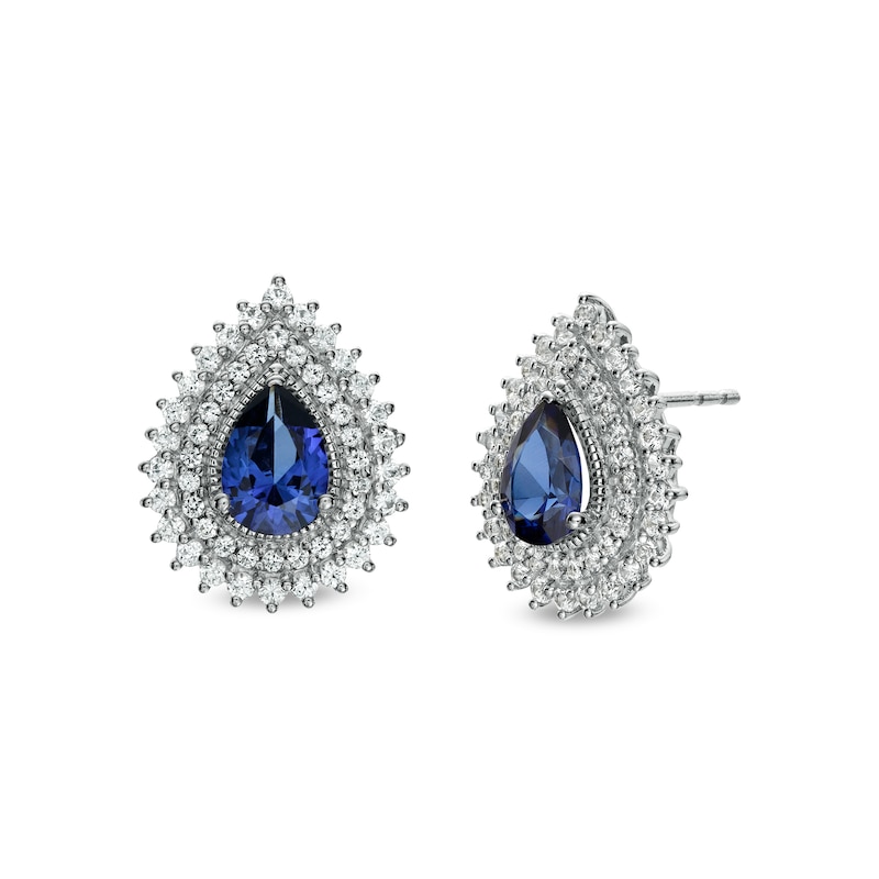 Pear-Shaped Blue and White Lab-Created Sapphire Teardrop Frame Stud Earrings in Sterling Silver|Peoples Jewellers