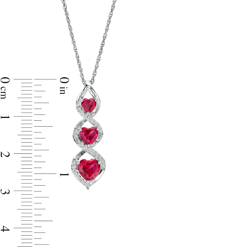 Heart-Shaped Lab-Created Ruby and White Lab-Created Sapphire Linear Trio Pendant in Sterling Silver