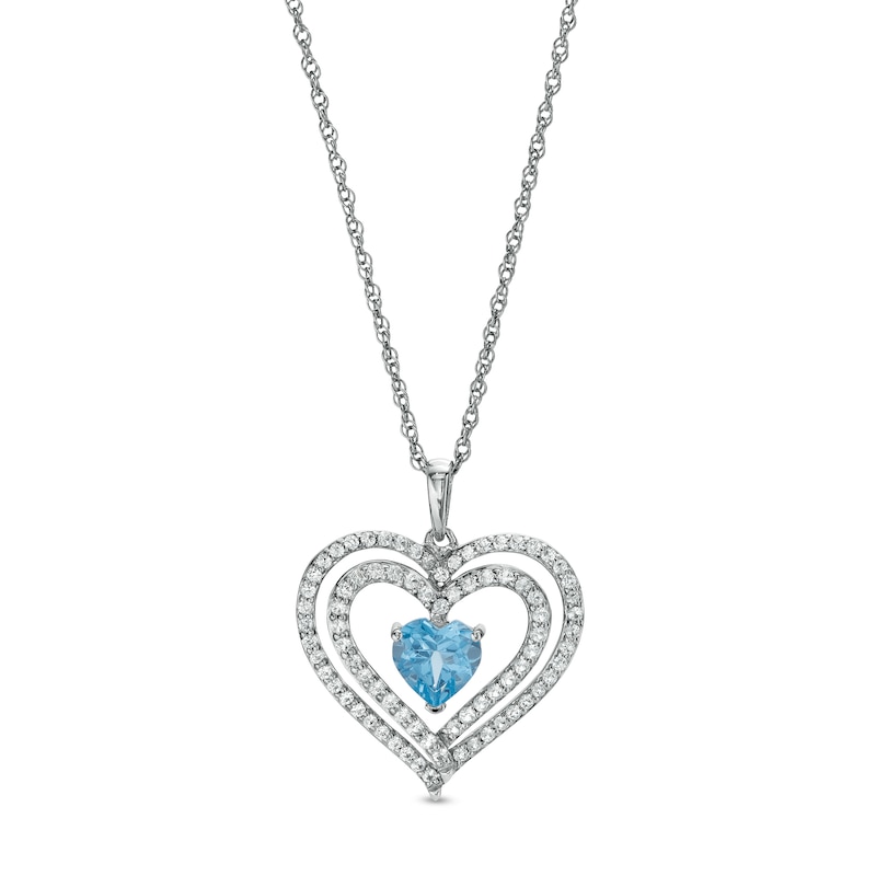 6.0mm Swiss Blue Topaz and White Lab-Created Sapphire Heart Pendant in Sterling Silver