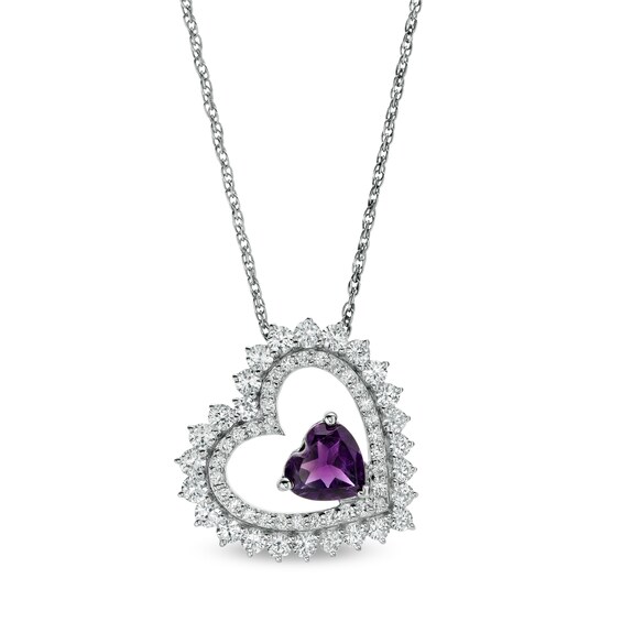 6.0mm Amethyst and White Lab-Created Sapphire Tilted Heart Pendant in Sterling Silver