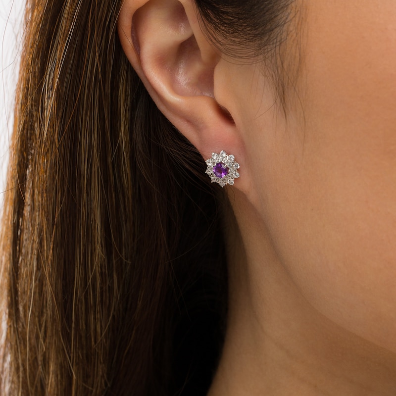 Main Image 2 of Amethyst and White Lab-Created Sapphire Flower Frame Stud Earrings in Sterling Silver