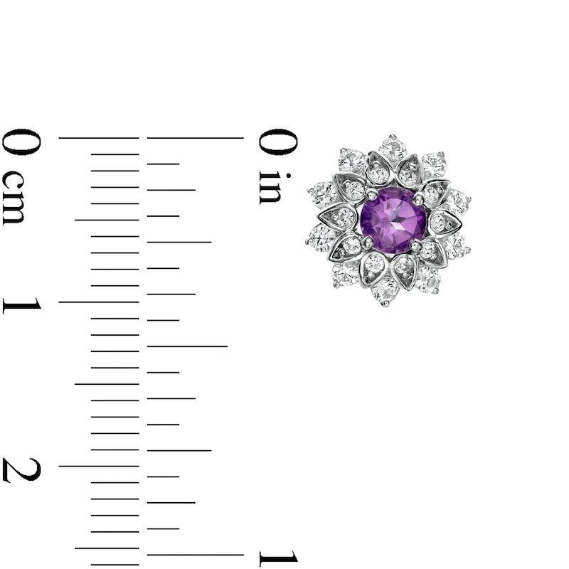 Main Image 3 of Amethyst and White Lab-Created Sapphire Flower Frame Stud Earrings in Sterling Silver