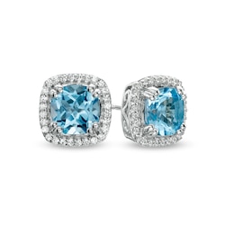6.0mm Swiss Blue Topaz and White Lab-Created Sapphire Cushion Frame Stud Earrings in Sterling Silver