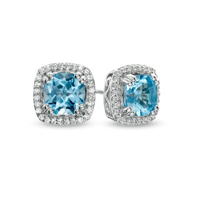 6.0mm Swiss Blue Topaz and White Lab-Created Sapphire Cushion Frame Stud Earrings in Sterling Silver