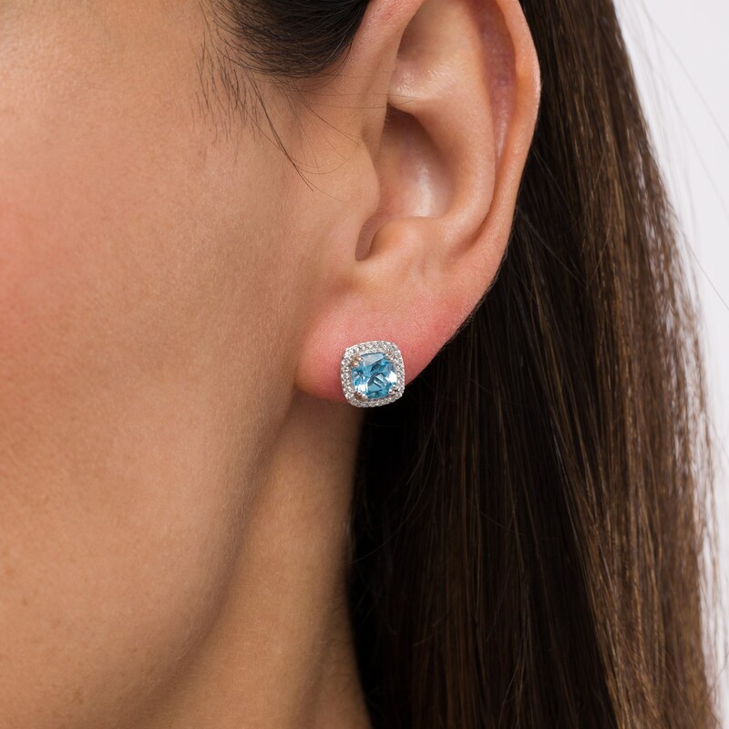 Main Image 2 of 6.0mm Swiss Blue Topaz and White Lab-Created Sapphire Cushion Frame Stud Earrings in Sterling Silver