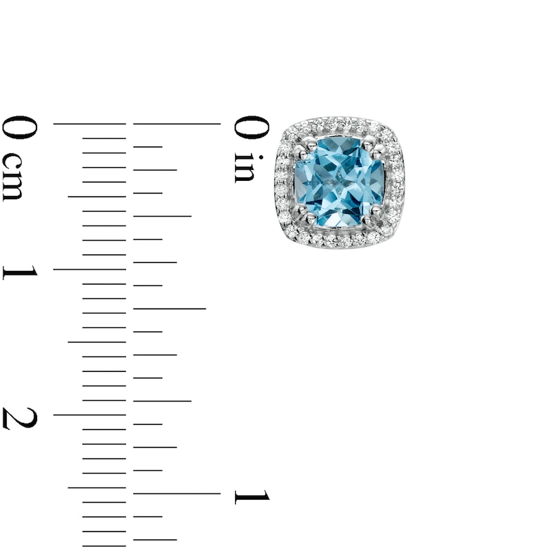 Main Image 3 of 6.0mm Swiss Blue Topaz and White Lab-Created Sapphire Cushion Frame Stud Earrings in Sterling Silver
