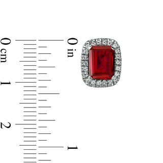 Emerald-Cut Lab-Created Ruby and White Lab-Created Sapphire Cushion Frame Stud Earrings in Sterling Silver