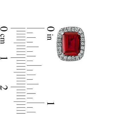 Emerald-Cut Lab-Created Ruby and White Lab-Created Sapphire Cushion Frame Stud Earrings in Sterling Silver