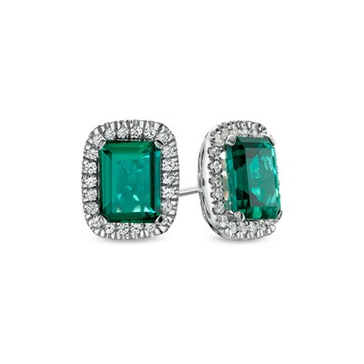 Emerald-Cut Lab-Created Emerald and White Lab-Created Sapphire Cushion Frame Stud Earrings in Sterling Silver