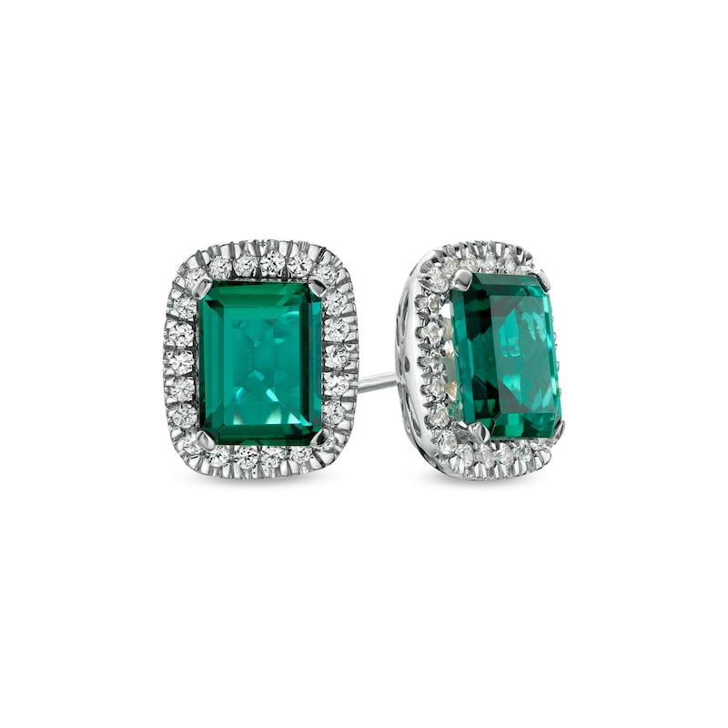 Main Image 1 of Emerald-Cut Lab-Created Emerald and White Lab-Created Sapphire Cushion Frame Stud Earrings in Sterling Silver