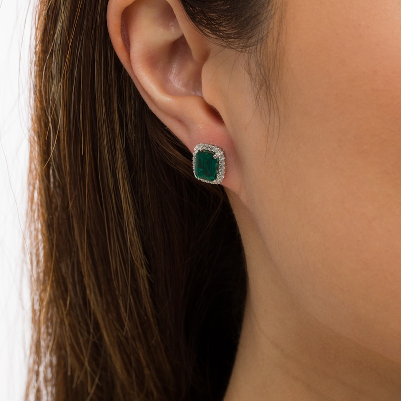 Main Image 2 of Emerald-Cut Lab-Created Emerald and White Lab-Created Sapphire Cushion Frame Stud Earrings in Sterling Silver