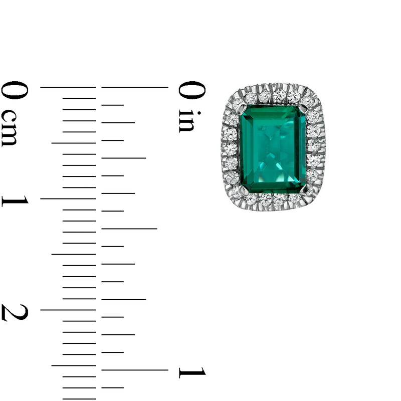 Main Image 3 of Emerald-Cut Lab-Created Emerald and White Lab-Created Sapphire Cushion Frame Stud Earrings in Sterling Silver