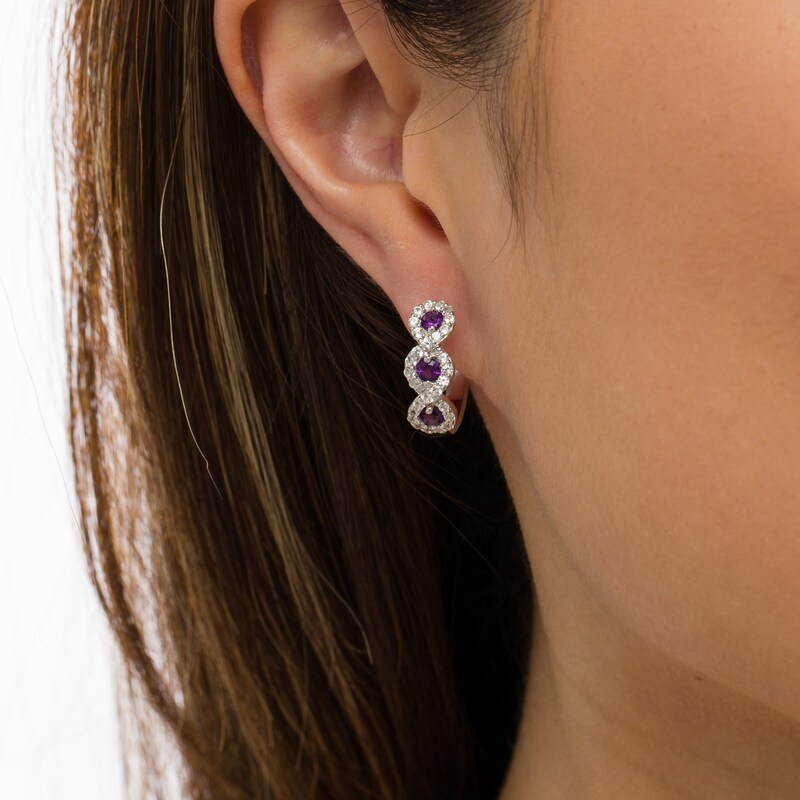 Main Image 2 of Amethyst and White Lab-Created Sapphire Cascading Frame Hoop Earrings in Sterling Silver