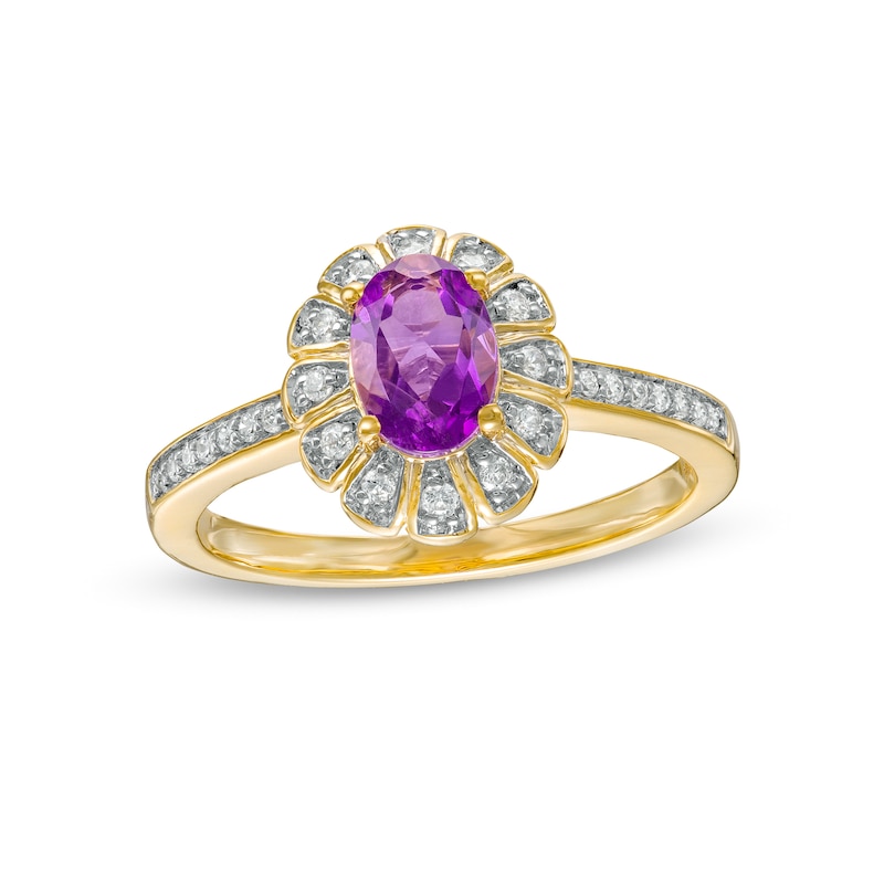 Oval Amethyst and 0.145 CT. T.W. Diamond Sun Frame Ring in 10K Gold