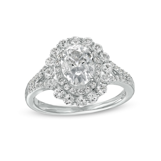 Oval White Lab-Created Sapphire Double Frame Split Shank Ring in Sterling Silver